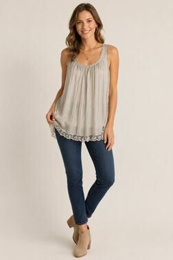 Stella Rosa Italy LaceTank Top Silk Beige Boho  Closet Staple Coquette Small